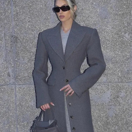 Women's Long Coat Slim V Neck Single Breasted Overcoats Shoulder Pad Maxi Jackets with Belt 2025 New Winter Lady Commute Outwear