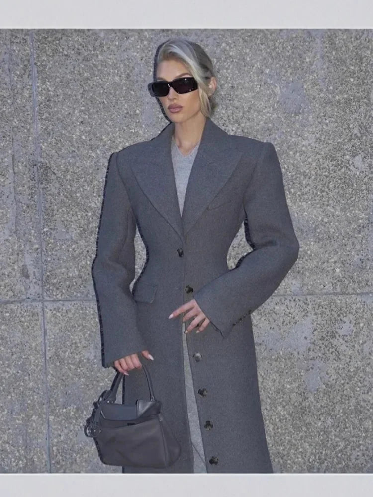 Women's Long Coat Slim V Neck Single Breasted Overcoats Shoulder Pad Maxi Jackets with Belt 2025 New Winter Lady Commute Outwear