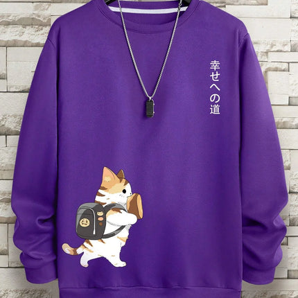 Street Casual Women/Men Pullover Kawaii Cartoons Cat Printing Sweatshirt Warm Soft Hoodies Loose Crewneck Fleece Female Clothing