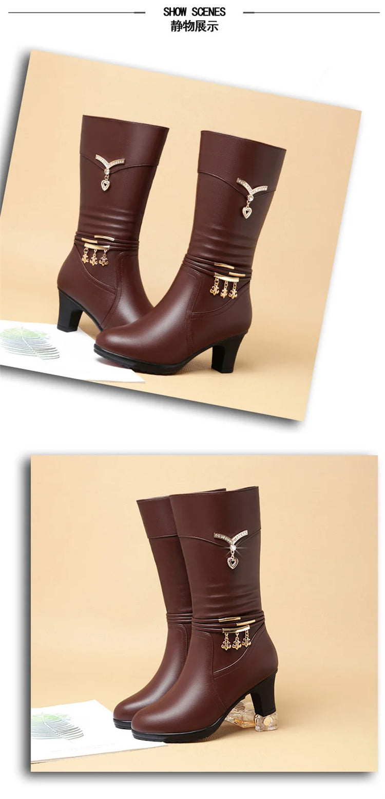 Women Comfortable Fleece Medium Boots Autumn Winter New Style Thick Heel Side Zipper Pointed Fashion High Heels Boots Elegant