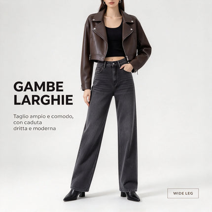 Women’s high-waisted, wide-leg jeans in smoky grey with a uniform wash; elegant, minimalist, relaxed-fit wide-leg denim, suitable for casual office wear and everyday outings FX-1338-5