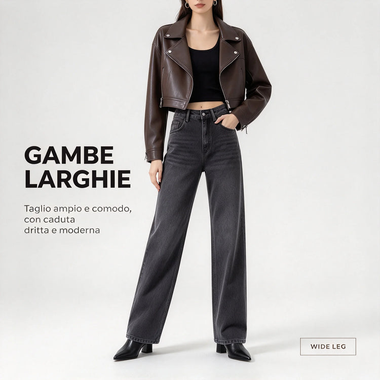 Women’s high-waisted, wide-leg jeans in smoky grey with a uniform wash; elegant, minimalist, relaxed-fit wide-leg denim, suitable for casual office wear and everyday outings FX-1338-5