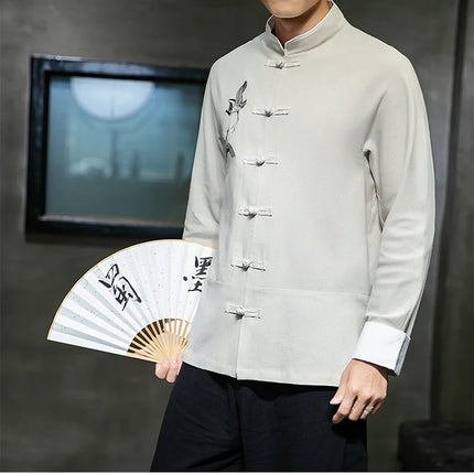 Camicie con ricamo gru Abbigliamento tradizionale cinese vintage Mezza manica da uomo in lino Solido colletto Madarin Cardigan Hanfu Kungfu