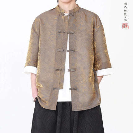 Camicia da Uomo di Lusso con Sfumature Colorate, Jacquard a Maniche Corte, Stile Cinese Tradizionale, Fresca per l'Estate, in Seta Ghiaccio
