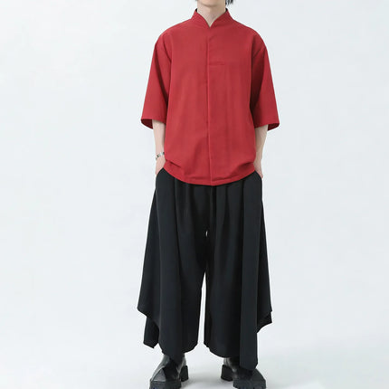 Camicie da uomo estive in lino di alta qualità, tinta unita, a maniche corte, stile cinese tradizionale, per Kung Fu e Tai Chi