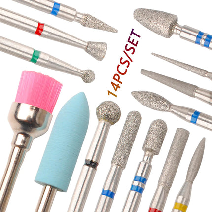 14Pcs Set Rotary Grinding Buffer Polisher Replacement Nail Drill Bit Kit For Gel Nail Removal Manicure Pedicure Machine Salon Household Nail Treatment