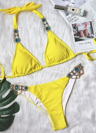 Catene di metallo con scollo all'americana Strass Diamante Bikini Costume da bagno donna Costumi da bagno femminili Due pezzi Bikini set Costume da bagno brasiliano Swim platinumshop