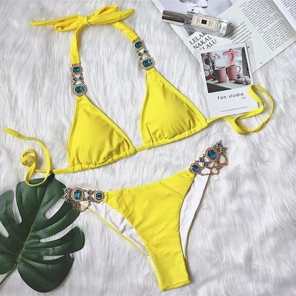 Catene di metallo con scollo all'americana Strass Diamante Bikini Costume da bagno donna Costumi da bagno femminili Due pezzi Bikini set Costume da bagno brasiliano Swim platinumshop