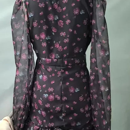 Women's Elegant Mini Dress with Ruffles and Floral Print, Long Sleeves, Deep V-Neck, Slim A-Line Dress 2026, New Women's Dress for Holidays and Street Style