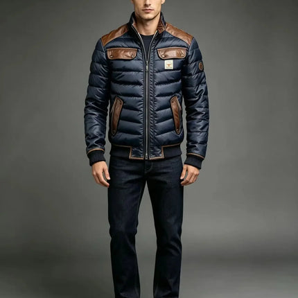 Men Winter Quilted Bomber Jacket Faux Leather Spliced Stand Collar Windproof Warm Coat Male Vintage Cowboy Badge Casual Outerwea