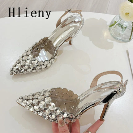 Hlieny Hollow Out Patent Leather Women Pumps Fashion Crystal Diamonds Pointed Toe Gold Silver High Heels Shoes Stiletto Sandals PlatiNum