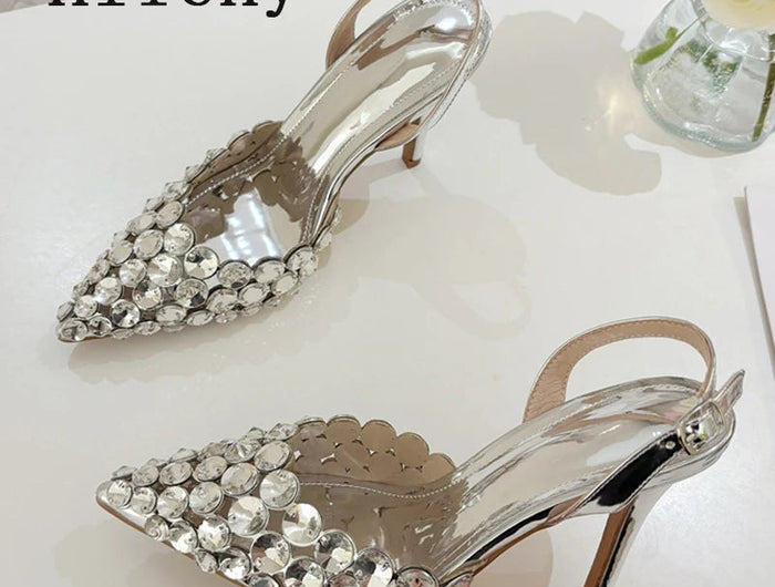 Hlieny Hollow Out Patent Leather Women Pumps Fashion Crystal Diamonds Pointed Toe Gold Silver High Heels Shoes Stiletto Sandals PlatiNum