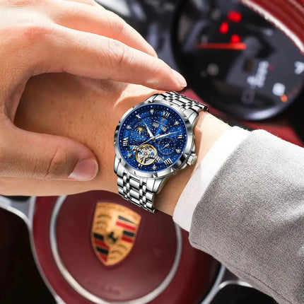 POEDAGAR Top Orologio da uomo originale Orologio meccanico automatico da uomo in acciaio inossidabile Calendario Hollow Tourbillon Orologio da uomo Maschio + scatola platinumshop