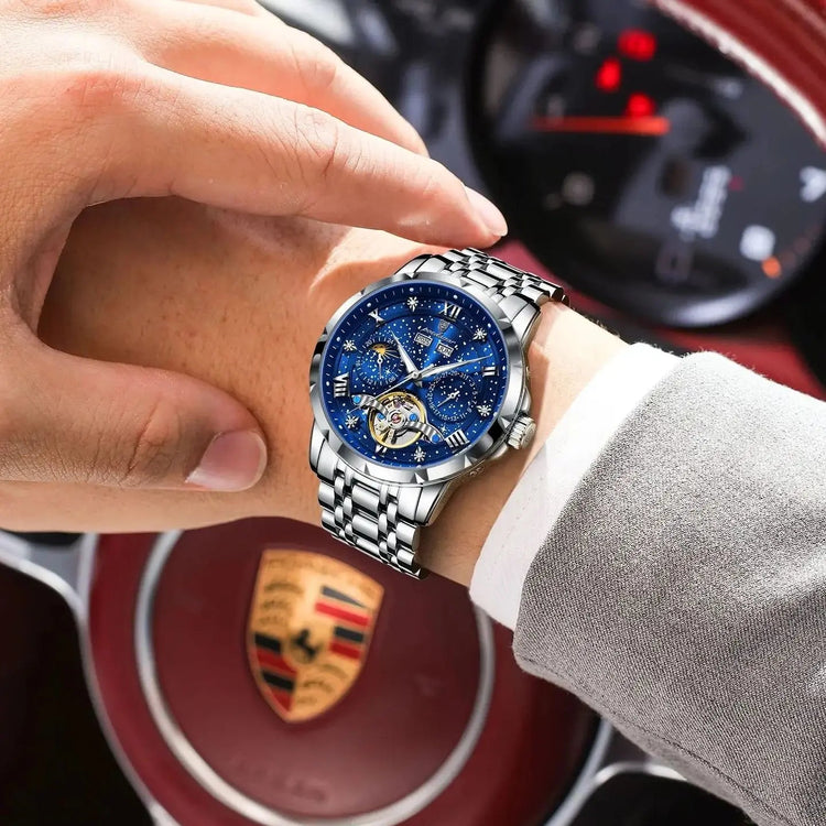 POEDAGAR Top Orologio da uomo originale Orologio meccanico automatico da uomo in acciaio inossidabile Calendario Hollow Tourbillon Orologio da uomo Maschio + scatola platinumshop