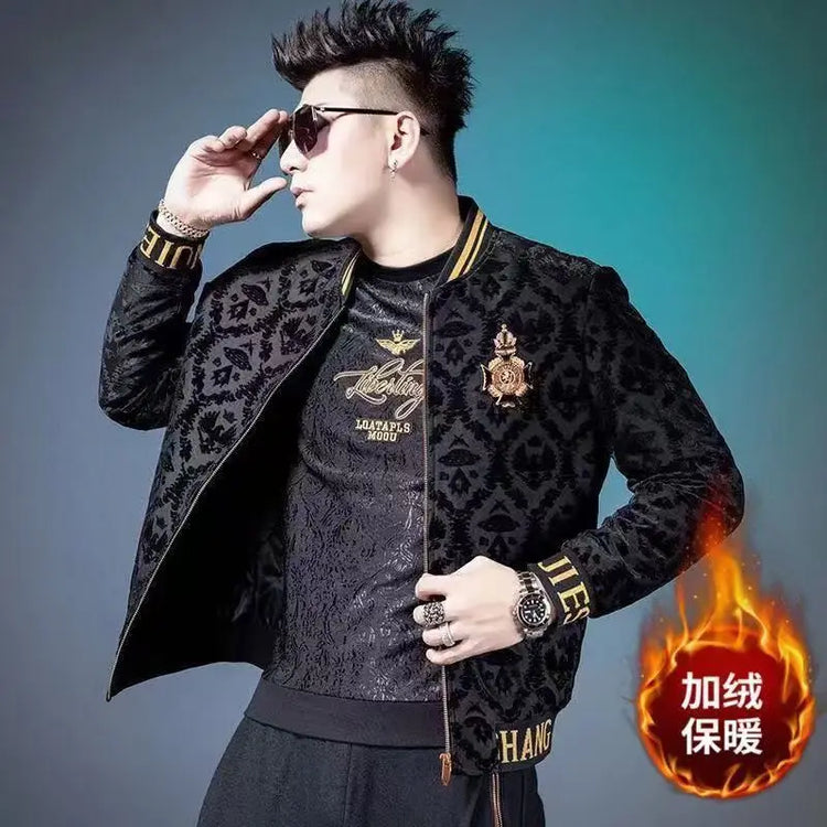 Men's Jacquard Bomber Jacket Warm Zip Up Casual Autumn Winter Coat