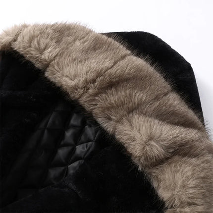 Casual Patchwork Faux Fur Collar Women's Coat Lace Up Pockets Thicken Lady Coats 2026 Autumn Winter Female Street Outerwear