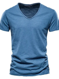 2024 hot summer men's new solid color V-neck pure cotton short sleeved T-shirt hot selling men's T-s