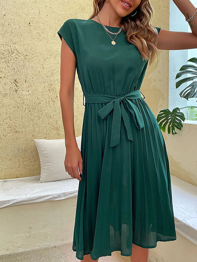 Elegant Women Summer Casual Beach Sundress Short Sleeve Pleated Midi Dress Solid Color O Neck Tunic Fashion Dresses