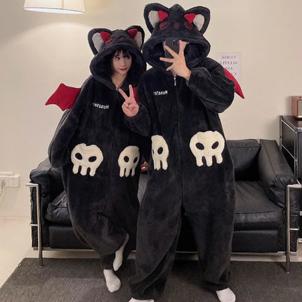 Cartoon Devil Pajamas Couples Women Men Onesie Sleepwear Winter Thicken Hooded Loungewear Coral Fleece Homewear Pijama Disfraz