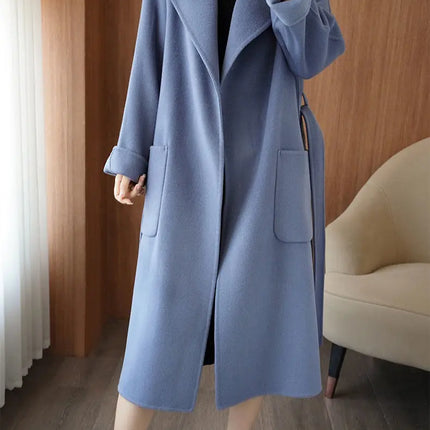 100% Wool Coat Women's Wear 2026 Autumn/Winter Fashion Temperament Double sided Cashmere Coats with Belt Elegant Long Overcoat