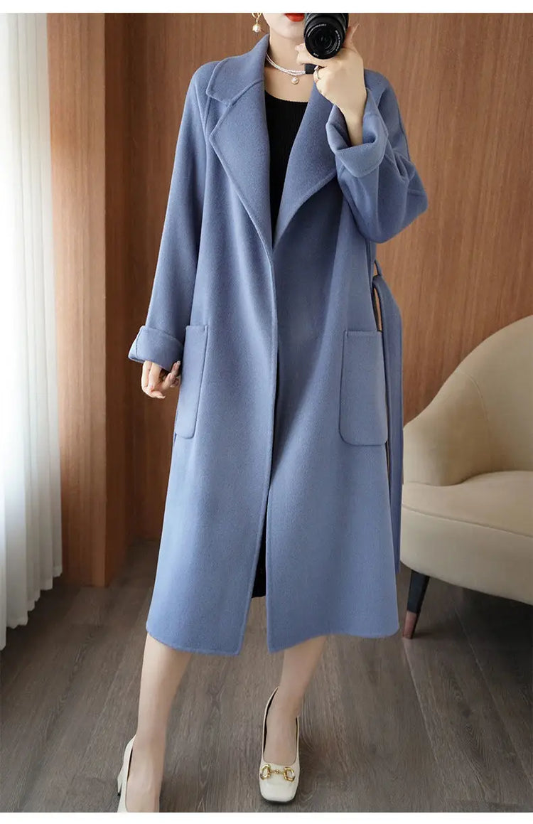100% Wool Coat Women's Wear 2026 Autumn/Winter Fashion Temperament Double sided Cashmere Coats with Belt Elegant Long Overcoat
