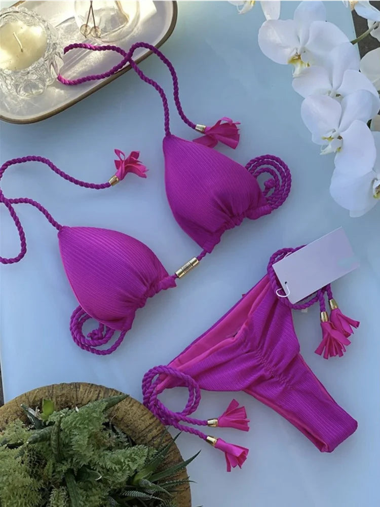 Nuovo Bikini da Donna Multicolore con Triangolo e Laccetti sulla Schiena platinumshop