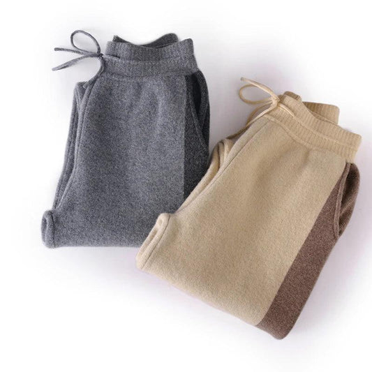 100% pure cashmere pants for women in autumn and winter, featuring a loose fit, warm wool, and a color clash design with pockets - PlatiNum