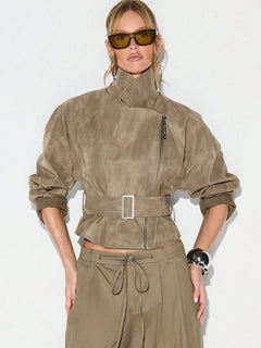 Belt Zipper Top with Waist Cinching American and European Style Streetwear Notched Lapel Thick No Hood Women Autumn Jacket