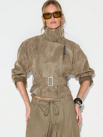 Belt Zipper Top with Waist Cinching American and European Style Streetwear Notched Lapel Thick No Hood Women Autumn Jacket