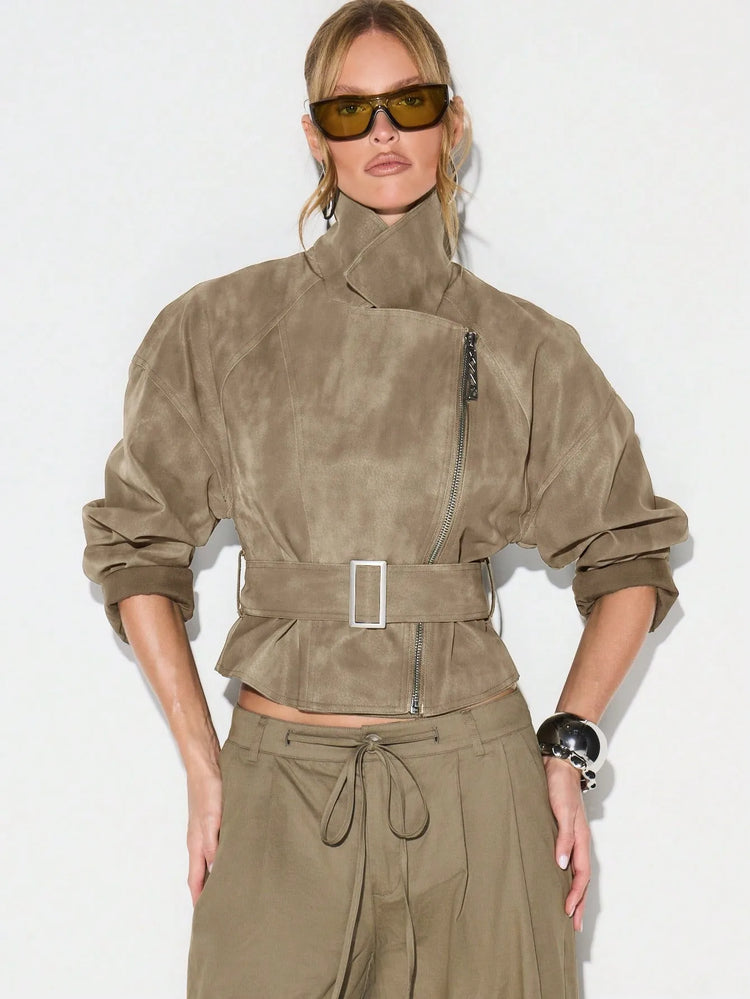 Belt Zipper Top with Waist Cinching American and European Style Streetwear Notched Lapel Thick No Hood Women Autumn Jacket
