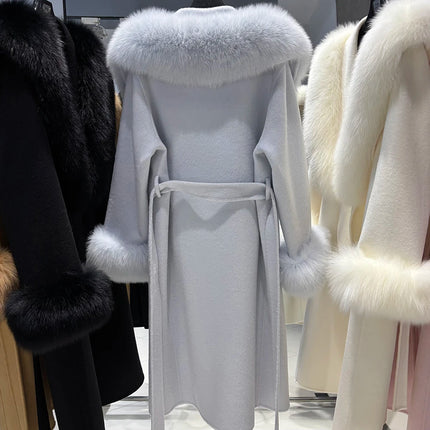 YOLOAgain Women's 100% Wool Coat Long With Detachable Real Fox Fur Collar 2025 Autumn Elegant Double-Sided Wool Coat