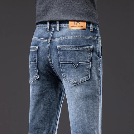 Autumn Men's Business Straight Fit Jeans Vintage Blue Smoke Gray Stretch Trousers Soft Comfortable Fabric Denim Pants Male PlatiNum