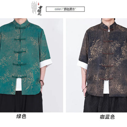 Camicie da uomo estive di lusso in jacquard con foglie di bambù, camicia a maniche corte da uomo in stile cinese tradizionale, camicia casual da uomo per Kung Fu e Tai Chi