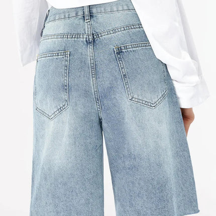 Benuynffy Bf Style Raw Hem Denim Shorts Women's Streetwear High Waist Hip Hop Loose Ripped Straight Wide Leg Half Shorts Jeans PlatiNum