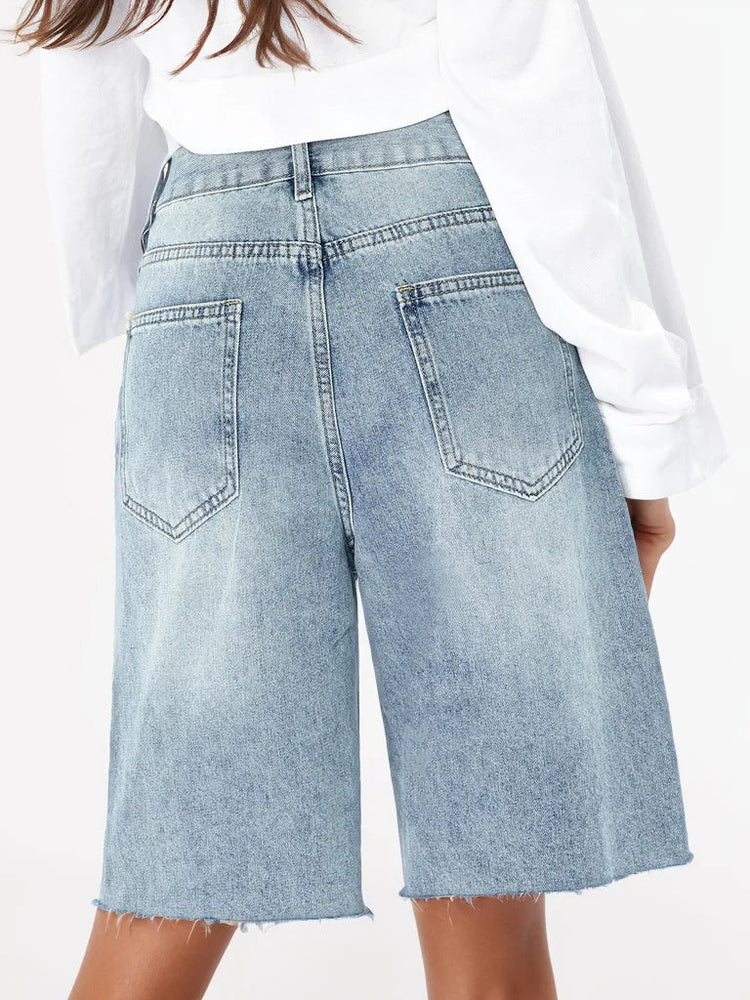 Benuynffy Bf Style Raw Hem Denim Shorts Women's Streetwear High Waist Hip Hop Loose Ripped Straight Wide Leg Half Shorts Jeans PlatiNum