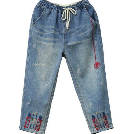 AmaxluluE Jeans larghi strappati da donna alla moda estiva Pantaloni in denim ricamati per il tempo libero da donna Pantaloni Harem elastici da donna vintage