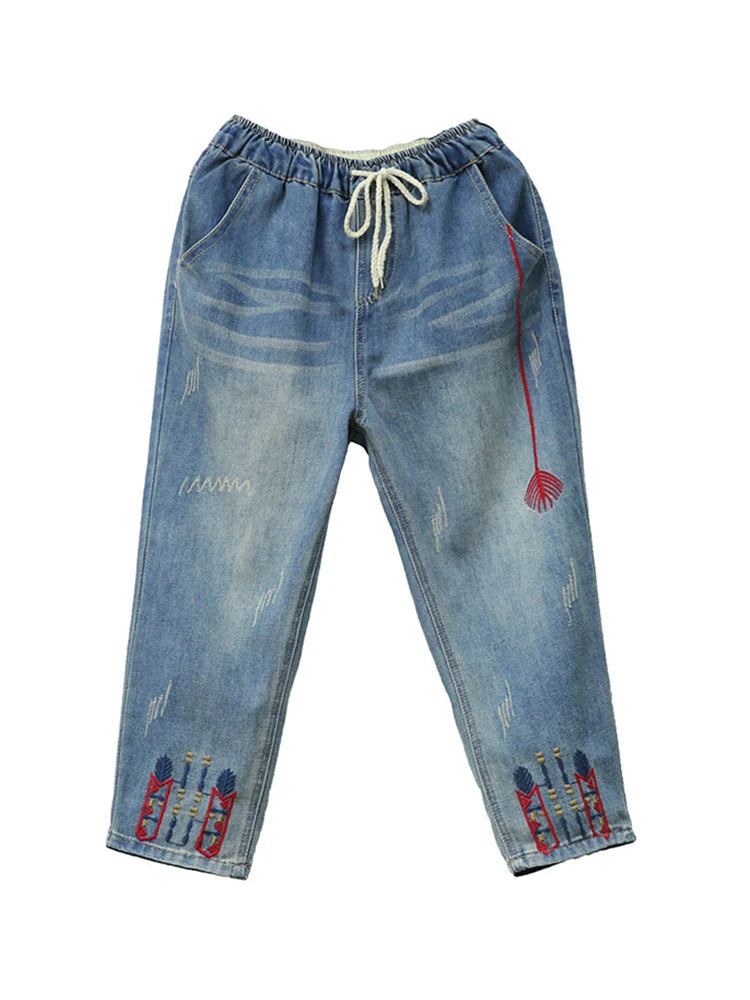 AmaxluluE Jeans larghi strappati da donna alla moda estiva Pantaloni in denim ricamati per il tempo libero da donna Pantaloni Harem elastici da donna vintage