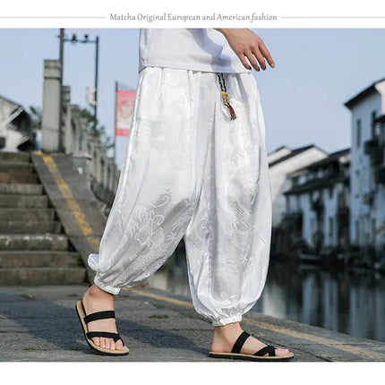 Vendite calde Pantaloni Da Uomo 2024 Nuovo Drago di Seta del Ghiaccio Fiore Scuro Bloomers Moda Allentata Gamba Larga Casual di Alta Qualità Pantaloni Maschili di Marca