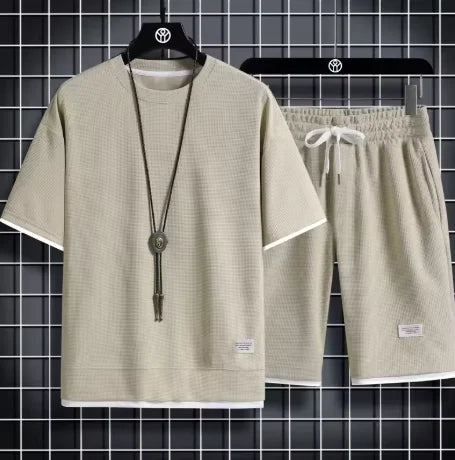 2026 nuovi set di waffle da uomo estivi T-shirt e pantaloncini casual Set tuta sportiva maschile tuta tinta unita abiti larghi platinumshop