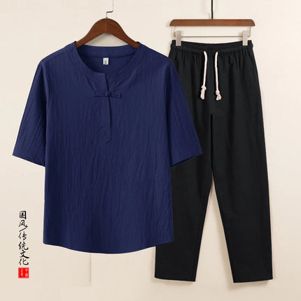 Set da due pezzi da uomo (camicie + pantaloni) in cotone di lino comodo abito Tang pantaloni Kungfu larghi nuova camicia casual retrò a maniche corte da uomo