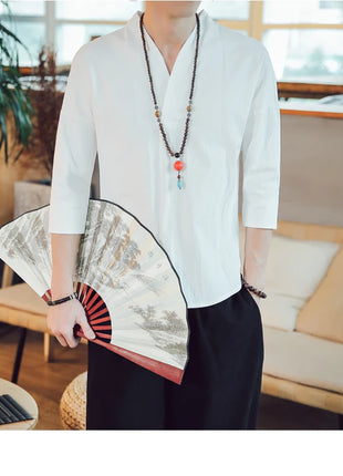 Kimono estivo stile giapponese manica corta uomo nuovo cotone a mezza manica lino traspirante abbigliamento uomo t-shirt giapponese Yukata top