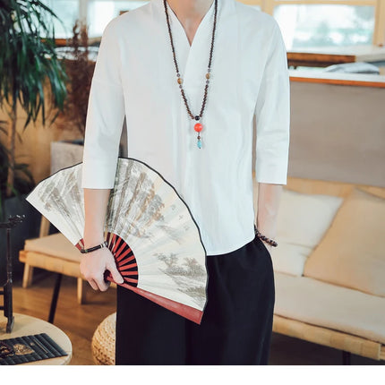 Kimono estivo stile giapponese manica corta uomo nuovo cotone a mezza manica lino traspirante abbigliamento uomo t-shirt giapponese Yukata top