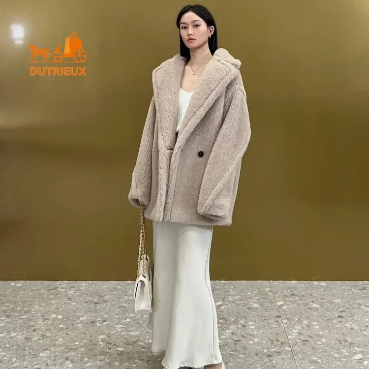 New Winter Women's Short Teddy Jacket,62% Alpaca Wool 26% Sheep Wool 12% Silk, Fashionable and Elegant Thick Warm Coat for Women