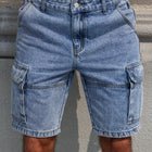 Pantaloncini jeans regolari estivi blu da uomo. Design multitasche. Elegante e casual.