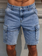Pantaloncini jeans regolari estivi blu da uomo. Design multitasche. Elegante e casual.