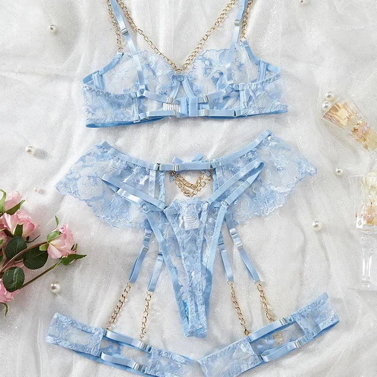 Sexy Clothes Women Lingerie Hot Fashion Chain Embroidery Sexy Perspective Hollow 3-point Lingerie Hot Lingerie Women