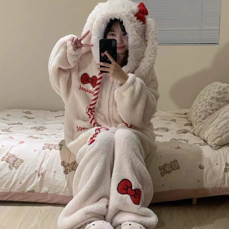 New Sweet and Cute Bow Rabbit One-piece Pajamas Women's Winter New Fleece Thickened Coral Fleece Large Size Loungewear Sleepwear
