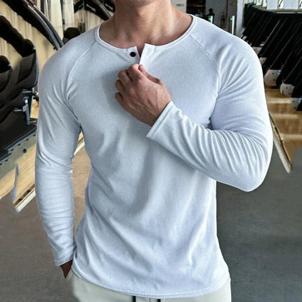 Men Sports High-Elastic Fitness Long Sleeve T-Shirt 2025 Autumn New Slim Fit Henley Collar Tshirt Men Streetwear Casual T-Shirt PlatiNum