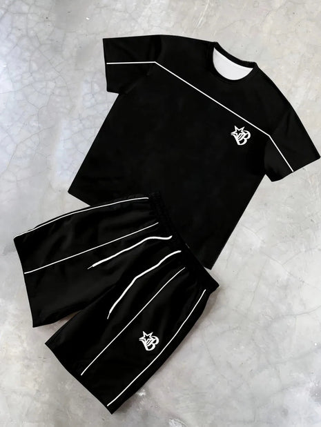 Set di pantaloncini T-shirt girocollo comodo e traspirante con stampa a righe estiva da uomo nuova di vendita calda adatto per strada all'aperto platinumshop