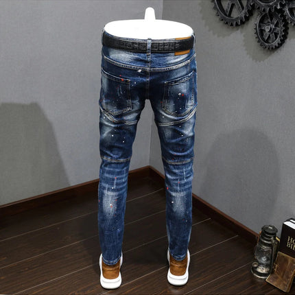 Fashion Designer Men Jeans Retro Blue Stretch Slim Fit Painted Ripped Jeans Men Korean Style Vintage Casual Denim Pants Hombre PlatiNum